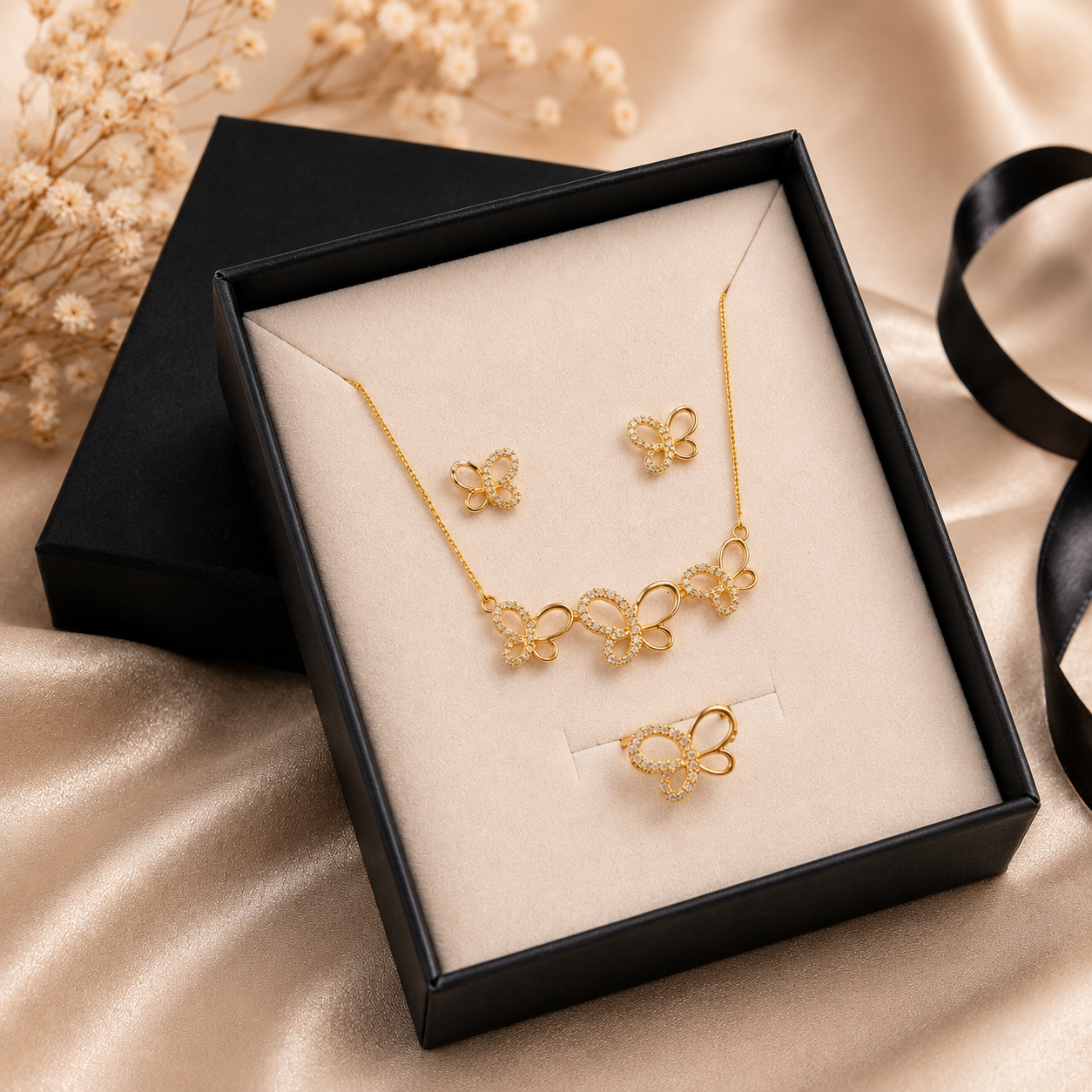 Parure bijoux papillon femme collier bracelet boucle d’oreille plaqué or