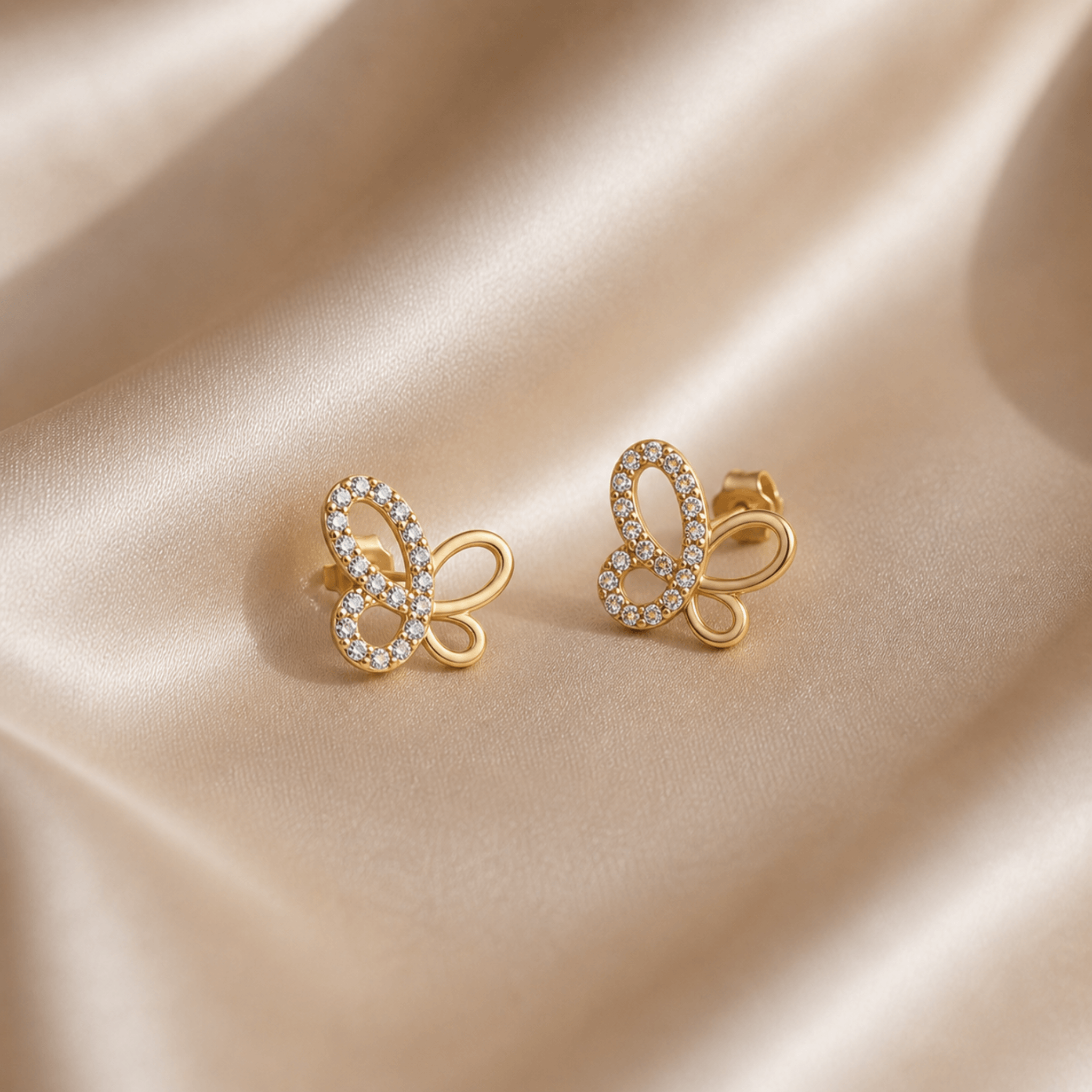 Butterfly Jewelry Set - elegant gold-plated butterfly earrings with rhinestones on silk fabric.