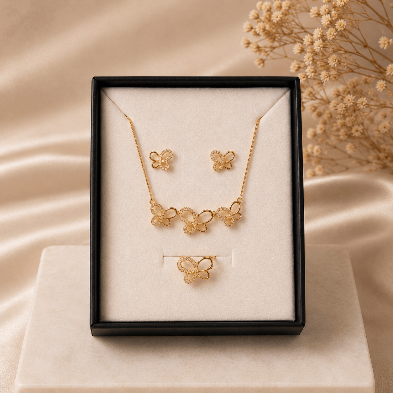 Butterfly Jewelry Set – gold-plated necklace, bracelet, and earrings in elegant display box
