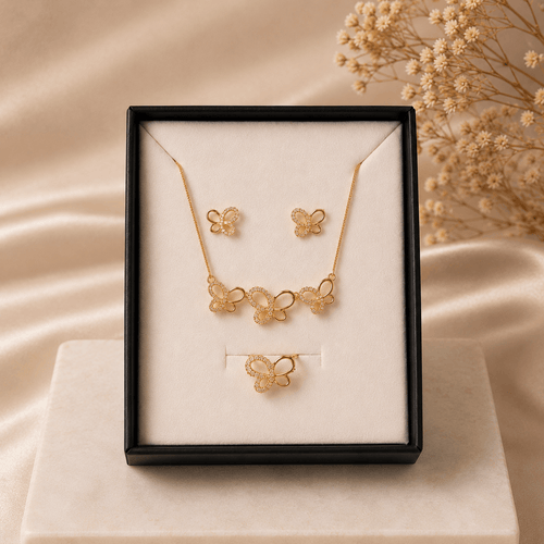 Butterfly Jewelry Set – gold-plated necklace, bracelet, and earrings in elegant display box
